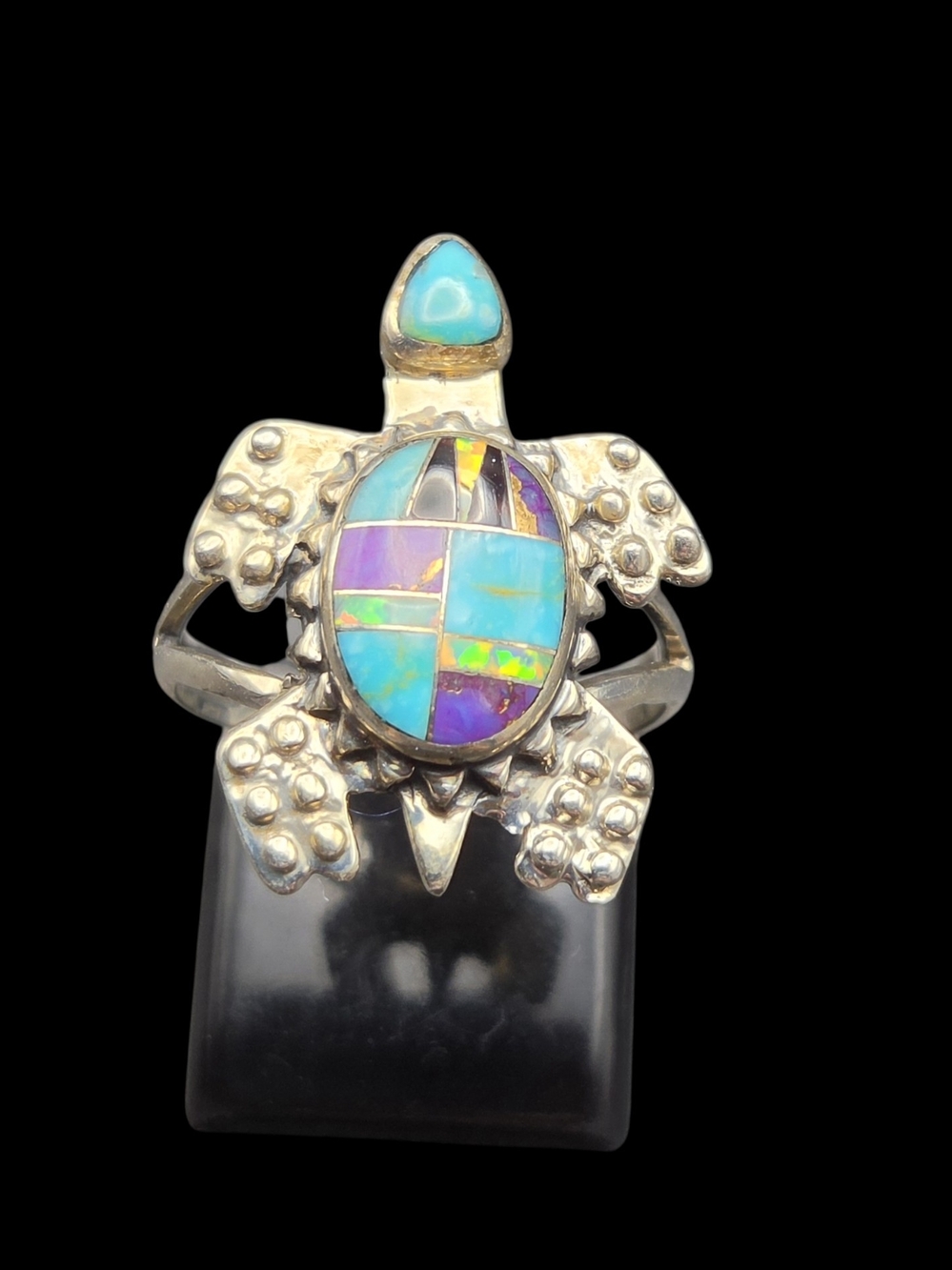 Sterling Silver Turtle Inlay Ring with Blue & Purple Turquoise And Opal 6